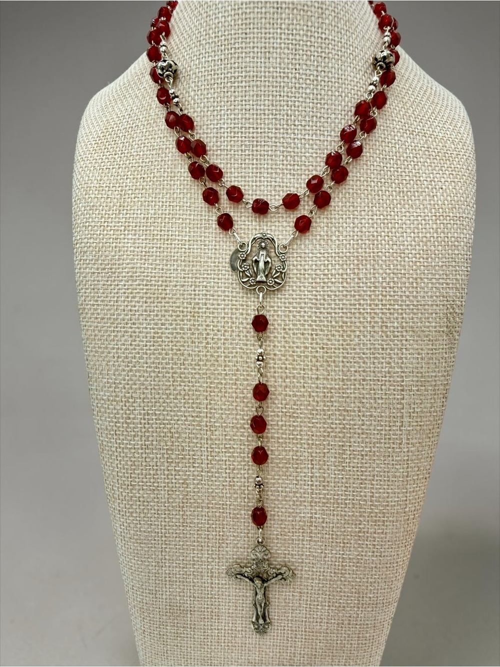 Donna Dressler Sterling Silver Ruby Crystal Rosary Crucifix VTG Tagged 26” w 6”D - Picture 4 of 17